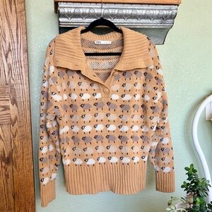 🧡Zara🧡 Tan Sheep-Pattern Collared Knit Sweater